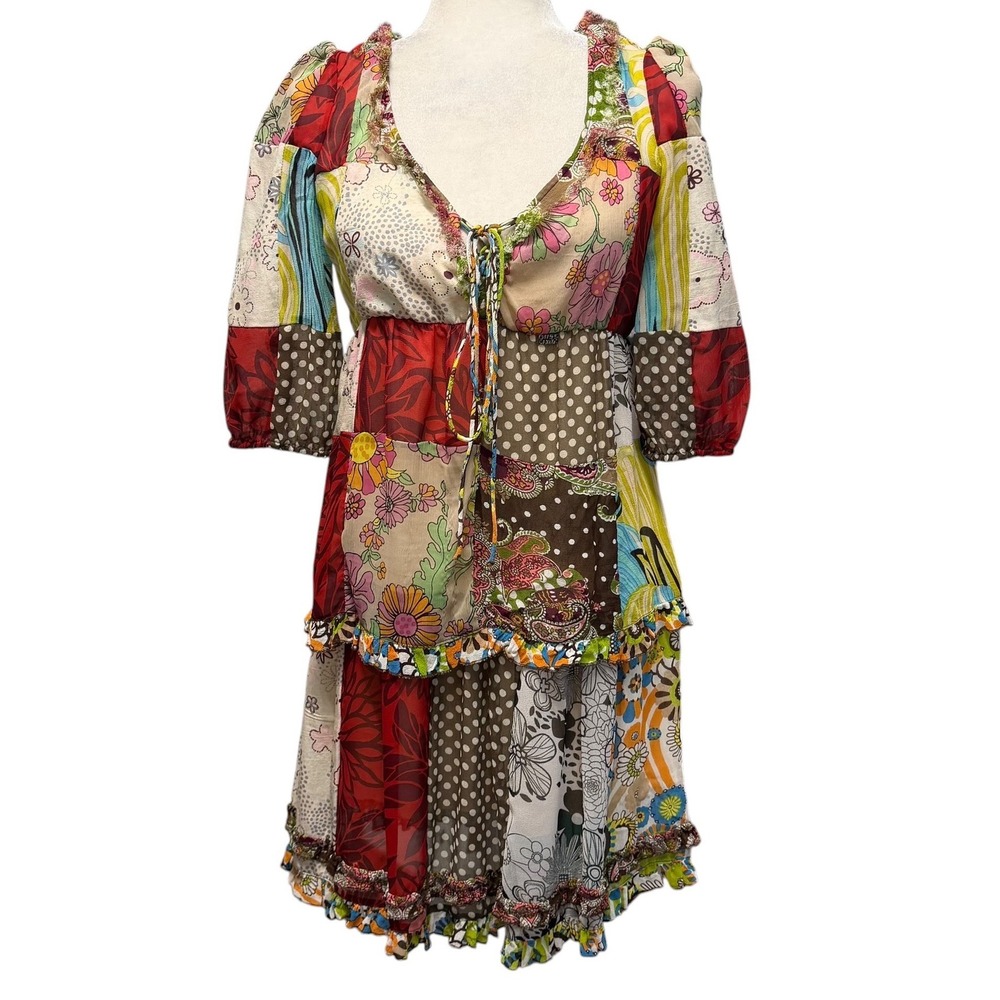 Vtg Miss Sixty Patchwork Dress Women S Boho Y2K Ruffle Whimsigoth Festival Sheer
